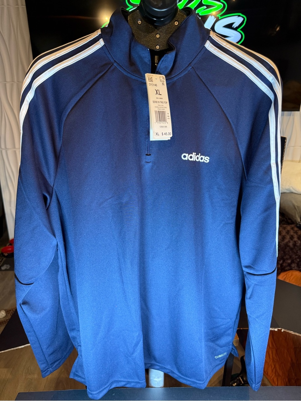 adidas Navy Blue Quarter-Zip Training Top with White Stripes